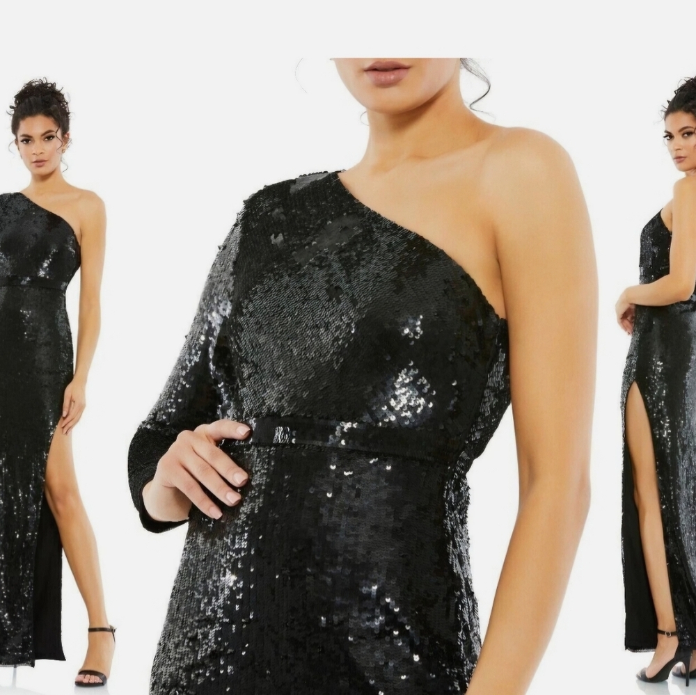 NWT Mac Duggal Elegant Black Sequin One-Shoulder Dress - Size 12 - Picture 5 of 5